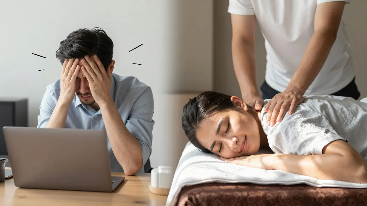 Before and after contrast: stressed worker transformed by Thai massage into peaceful relaxation.
