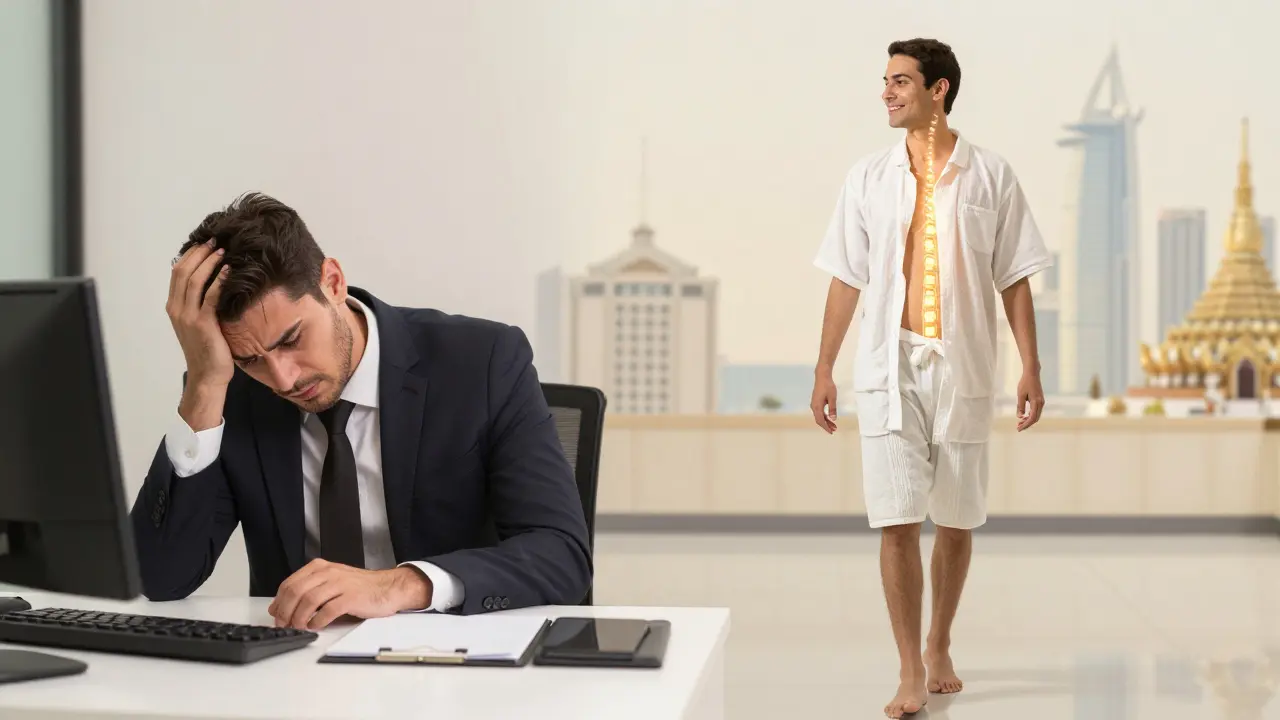 Before and after contrast: stressed worker transformed into renewed individual after Thai massage.