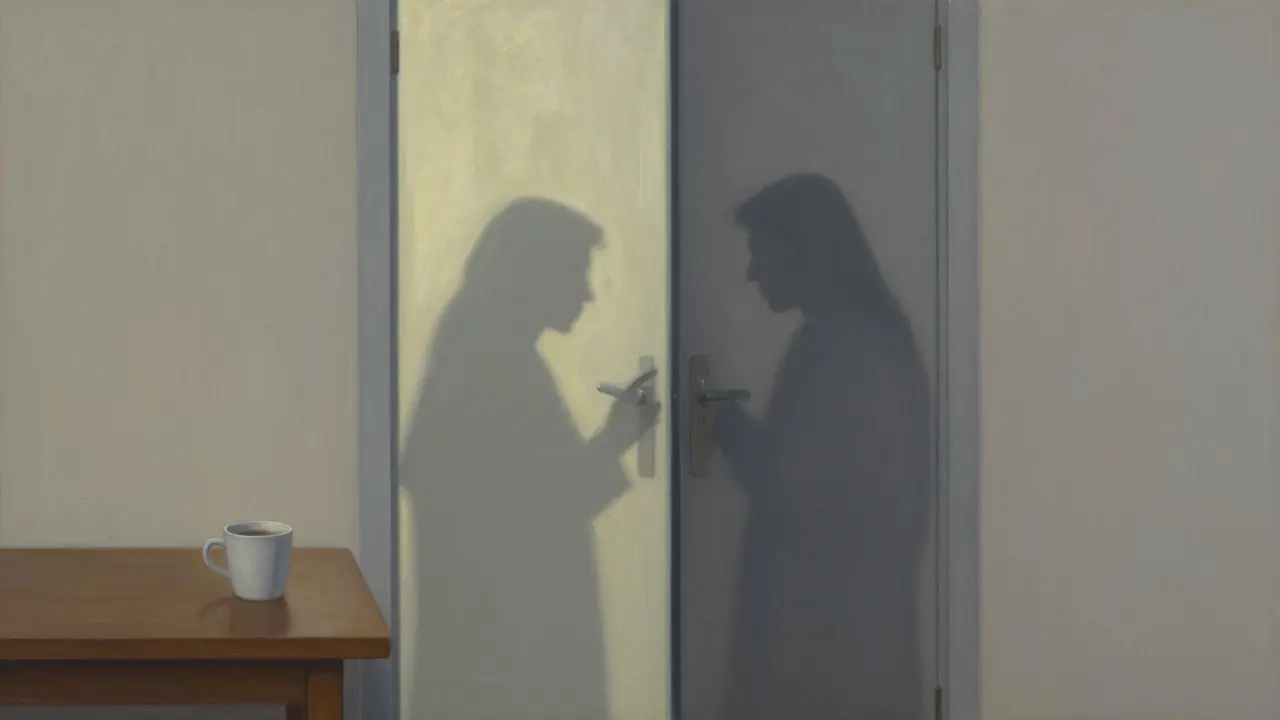 Coffee cup on table outside a closed door, shadows of two people talking inside.