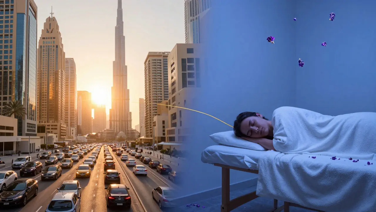 Contrasting urban stress and home relaxation in Dubai, with a serene massage scene connected to a busy cityscape by a golden thread.