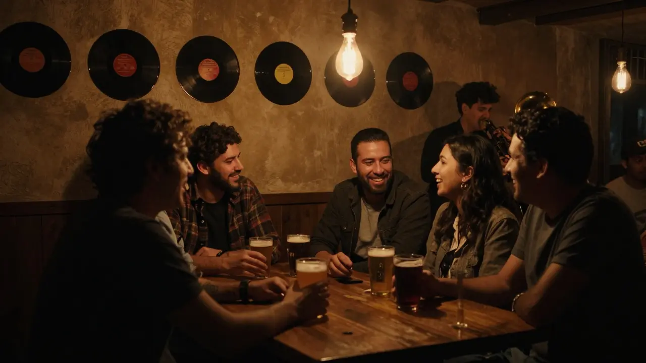 Cozy underground bar in Karama with locals enjoying craft beer and live jazz music.
