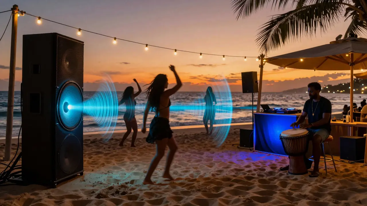 Dancers at a beach club at dusk, barefoot on sand, with ocean waves and pulsing sound lights.
