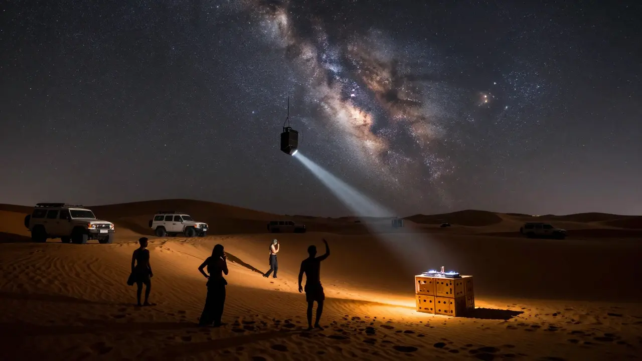 Desert rave under stars with silhouetted dancers on dunes, no phones, only music and sand.