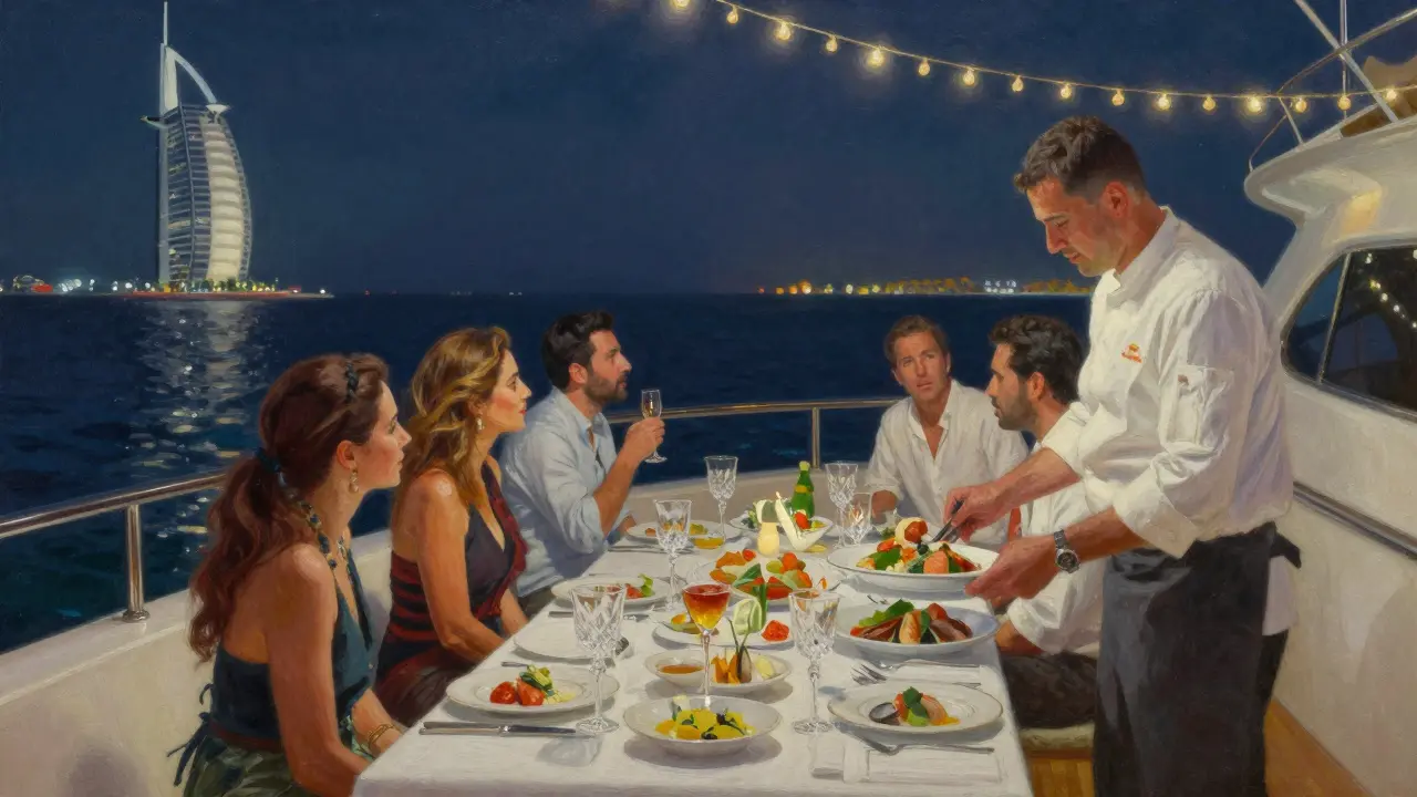 Elegant dinner party on a yacht under stars with fine dining and city lights in the background.