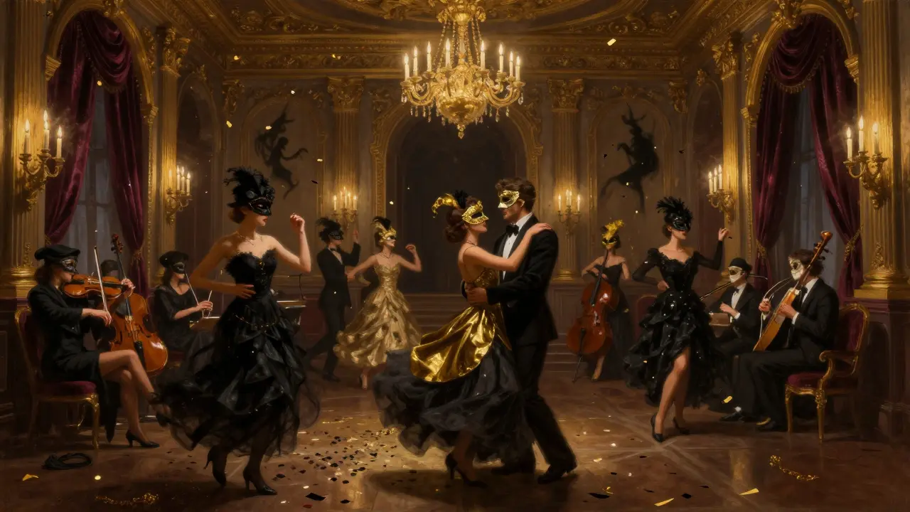 Elegant masquerade ball in gold and black, guests in masks dancing under candlelight.