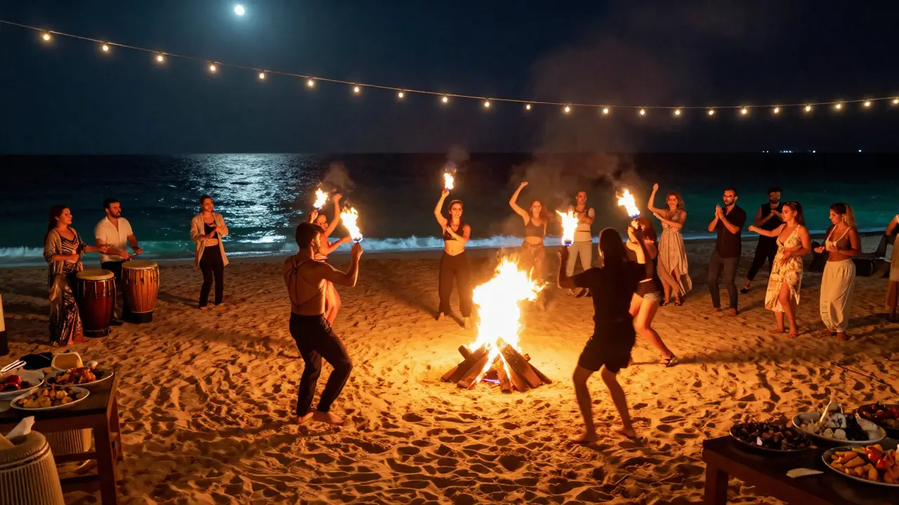 Fire dancers performing on a beach at night with guests dancing under string lights beside the ocean.