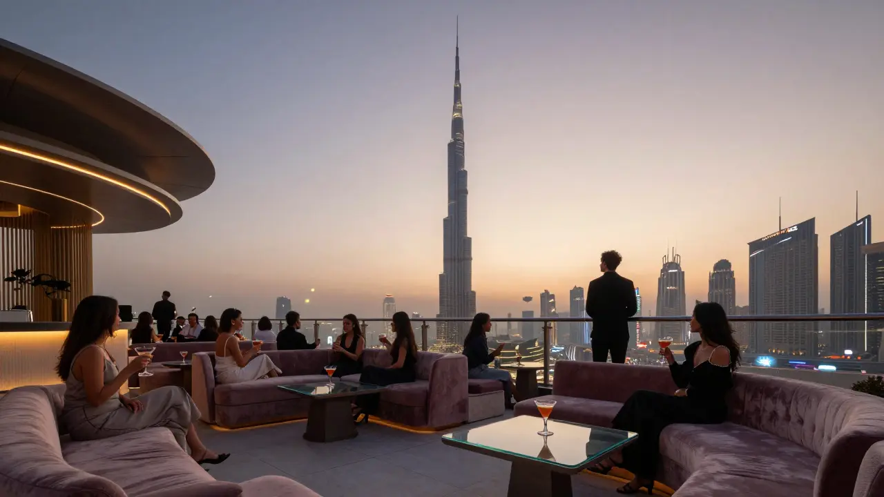 Guests at Level 43 club enjoying cocktails as sunrise begins over Dubai’s skyline.