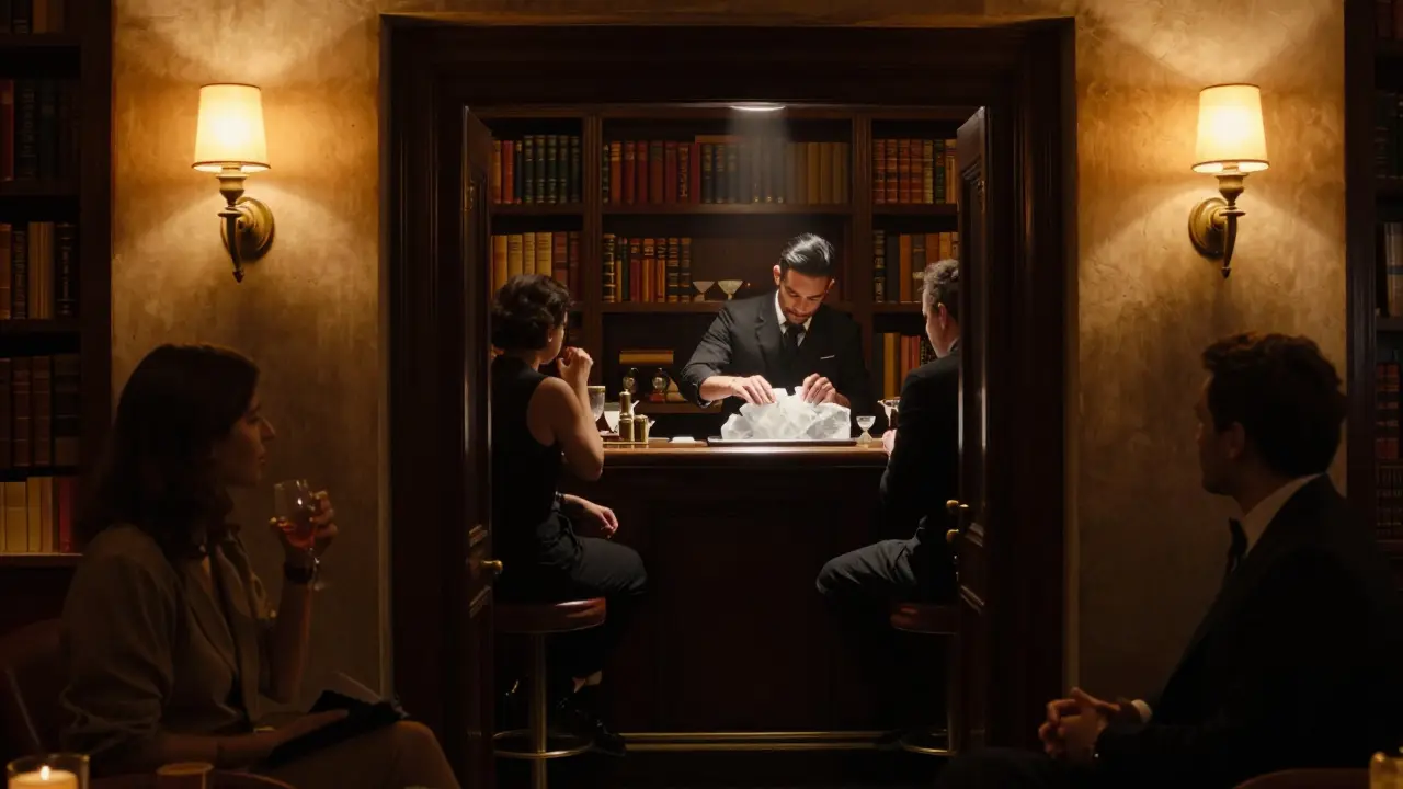 Hidden speakeasy bar in Alserkal Avenue with dim lighting, bookshelves, and a bartender carving ice under a spotlight.