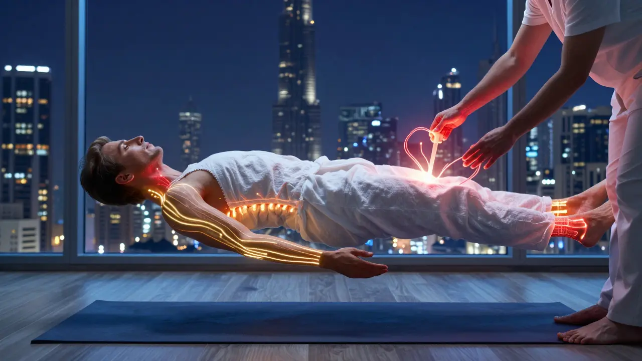 Human body with glowing energy lines being cleared by therapeutic hands and feet, Dubai skyline in background.