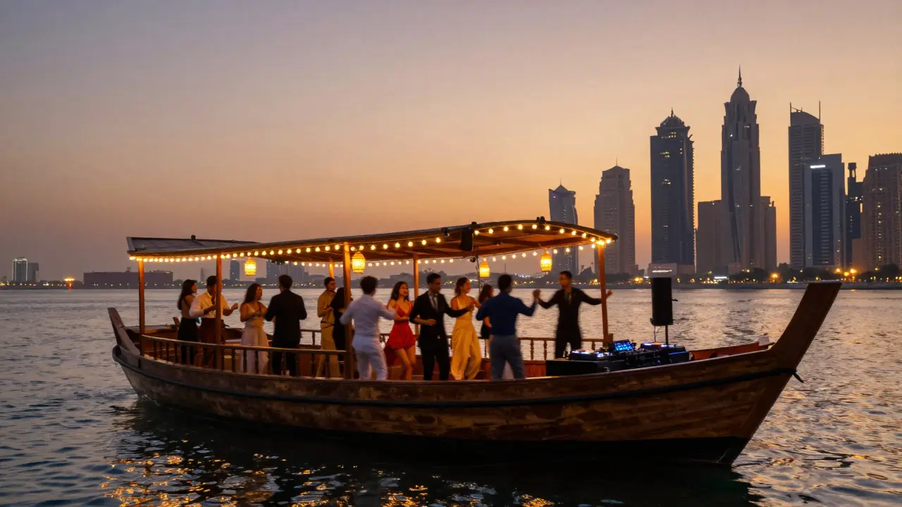 Luxury dhow cruise on Dubai Creek at sunset with guests dancing under string lights and skyline reflections.