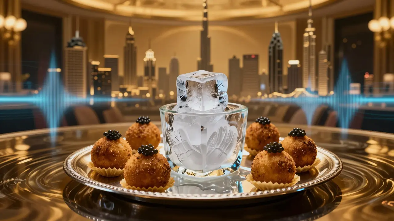 Luxury drink presentation with hand-carved ice and gourmet bites, surrounded by shimmering soundwaves.