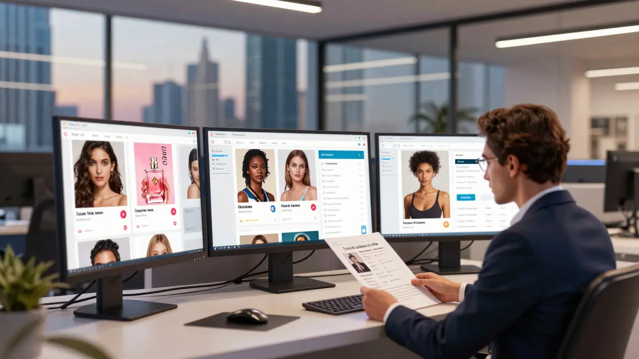 Model agency office with screens showing digital bookings and models of various backgrounds.