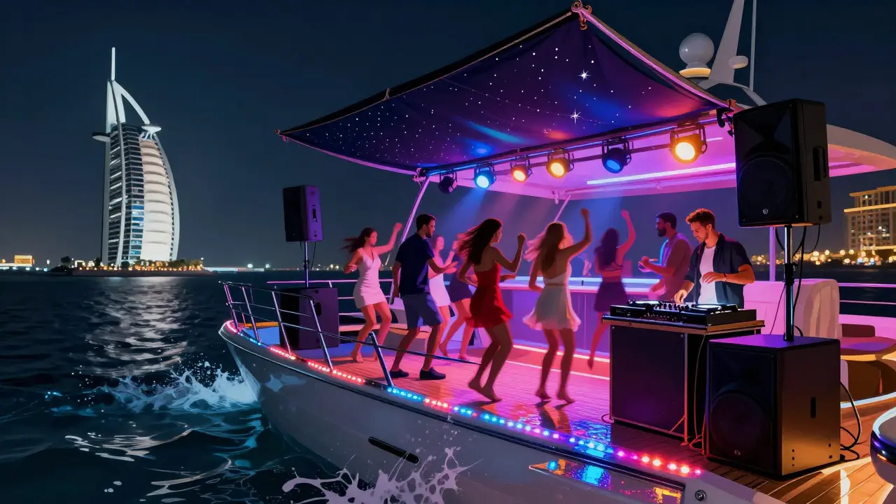 Nighttime yacht dance party with LED lights and guests dancing as city skyline shines ahead.