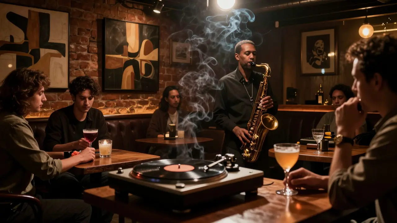 Patrons enjoying jazz and craft cocktails in a dimly lit underground club with vinyl records and smoky ambiance.