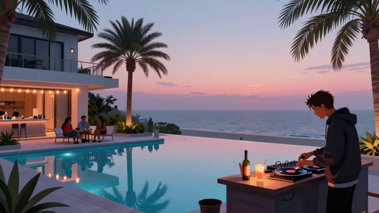 Private villa pool at sunrise with neon lights reflecting on water, DJ adjusting vinyl, and food grill smoking quietly under palm trees.