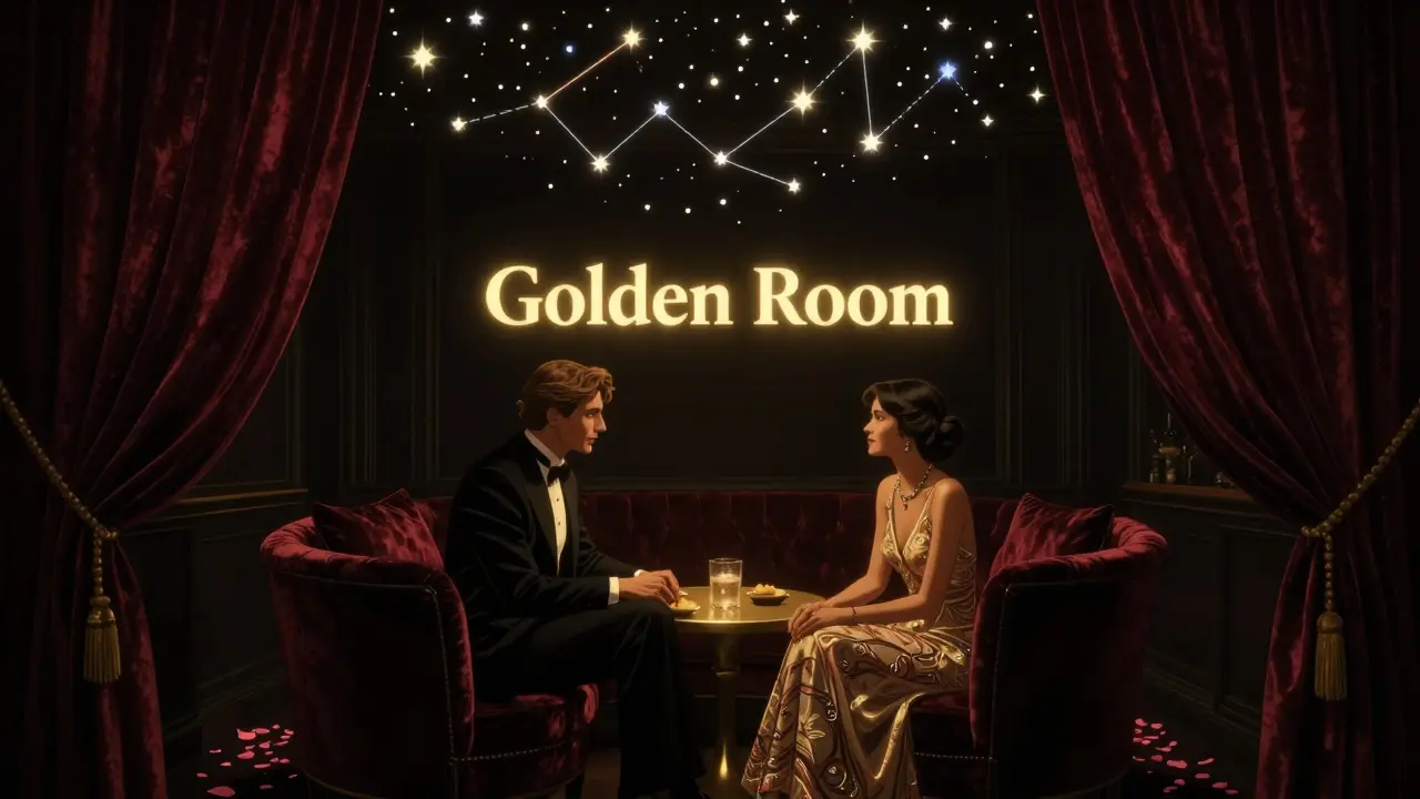 Private VIP lounge with floating LED stars on the ceiling and guests in luxury attire in quiet conversation.