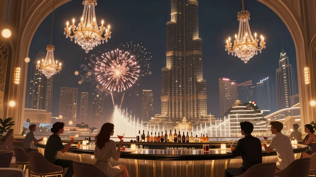 Rooftop lounge high above Dubai with fireworks reflecting in cocktails and Burj Khalifa in background.