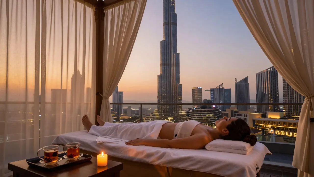 Rooftop massage with Burj Khalifa in background at golden hour, serene client and herbal tea on tray.