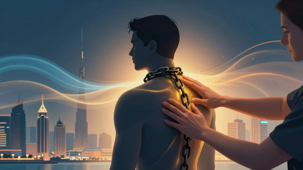 Silhouette of a person releasing stress as golden light dissolves chains binding their body.