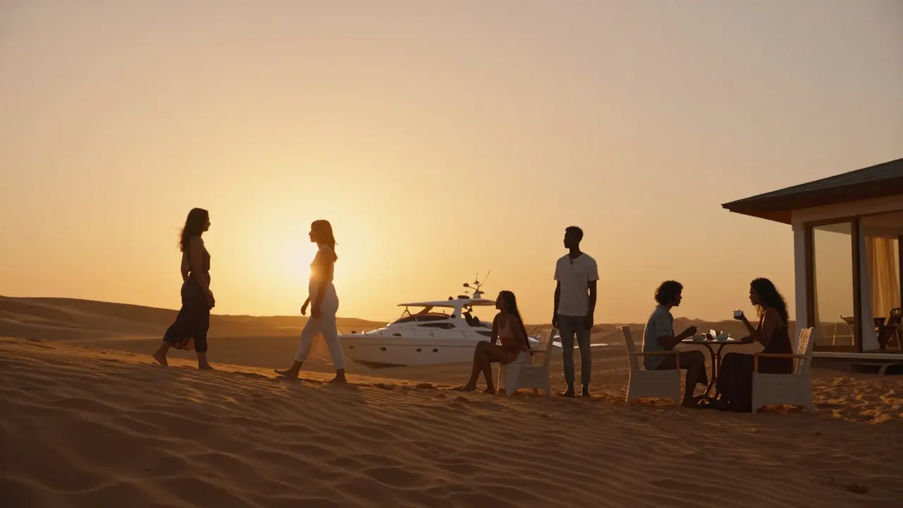 Silhouettes of diverse companions sharing quiet moments with clients during a Dubai desert sunset.