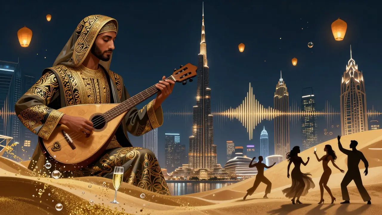 Surreal fusion of Arabic culture and modern nightlife with soundwaves and golden sand blending into city lights.