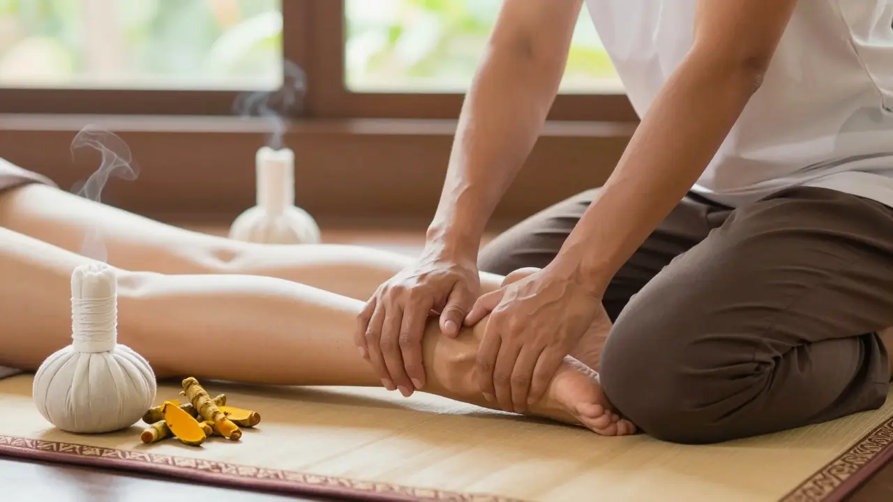 Thai therapist using knees and feet to stretch a client’s hips on a mat, with herbal compresses nearby.