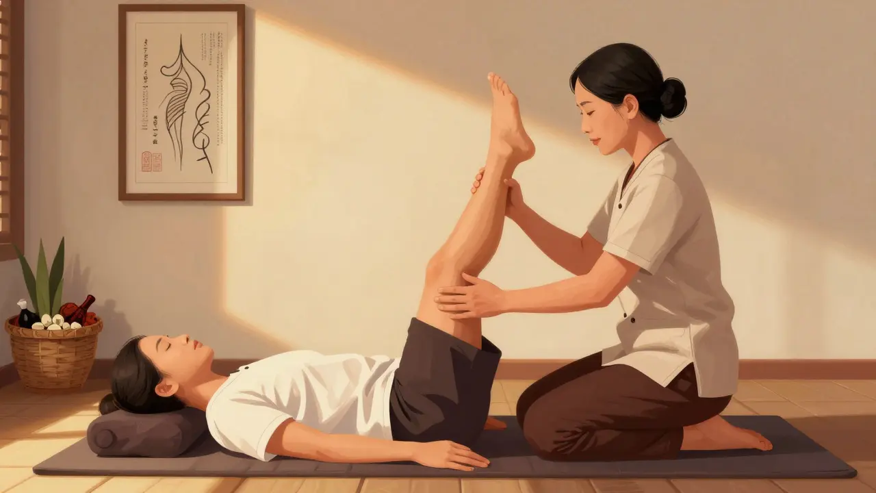 Therapist gently stretching client&#039;s legs in traditional Thai massage pose, herbs and bamboo accents nearby.