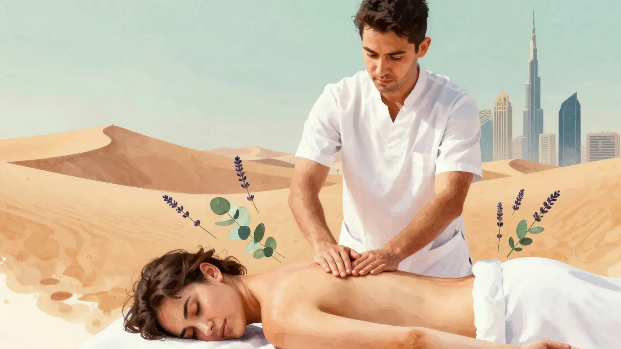 Therapist performing a Swedish massage with aromatic herbs floating around, blending desert and cityscapes.