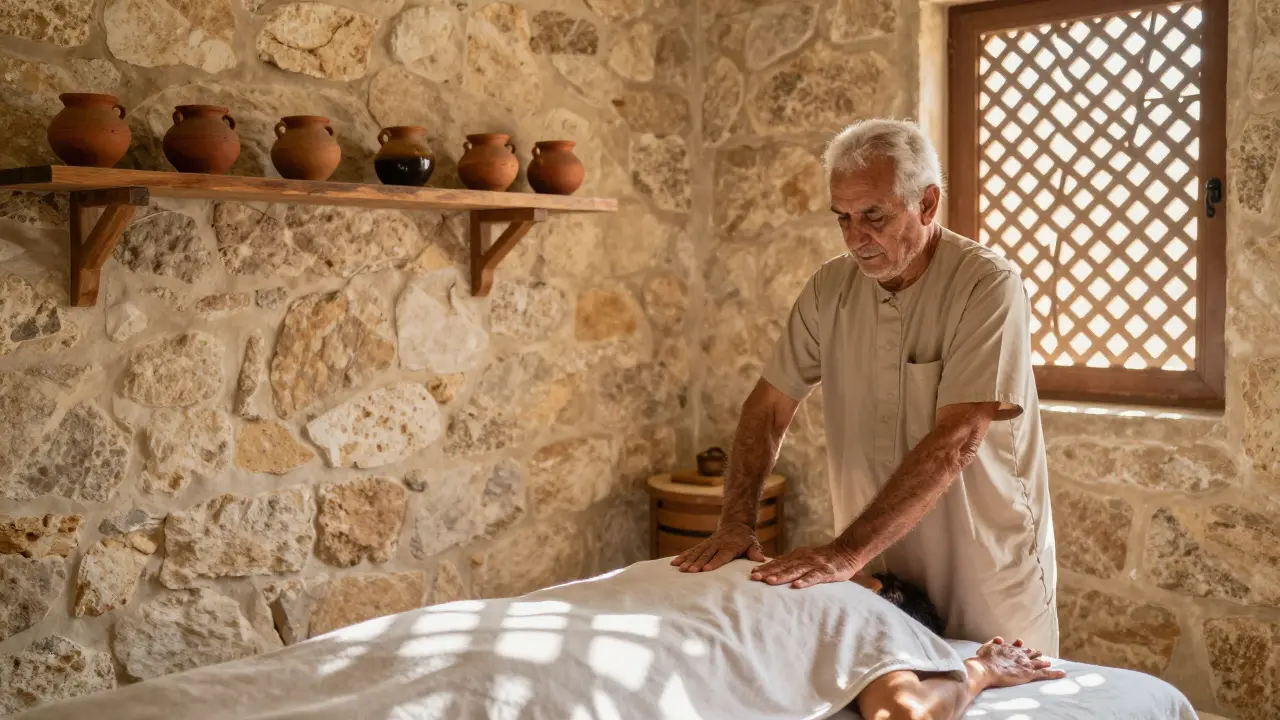 Traditional Deira spa with clay oil jars and therapist using hands under sunlight filtering through lattice.