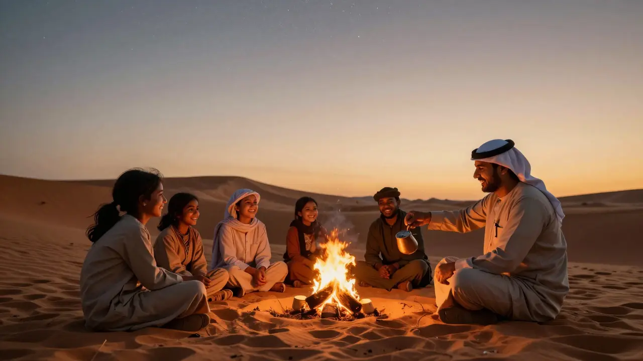 Travelers enjoying a desert safari at sunset, sharing stories around a campfire under the stars.
