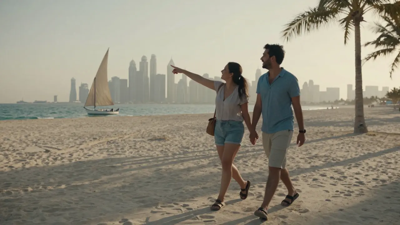 Two people walking along Jumeirah Beach at sunset, laughing as they enjoy the city skyline.