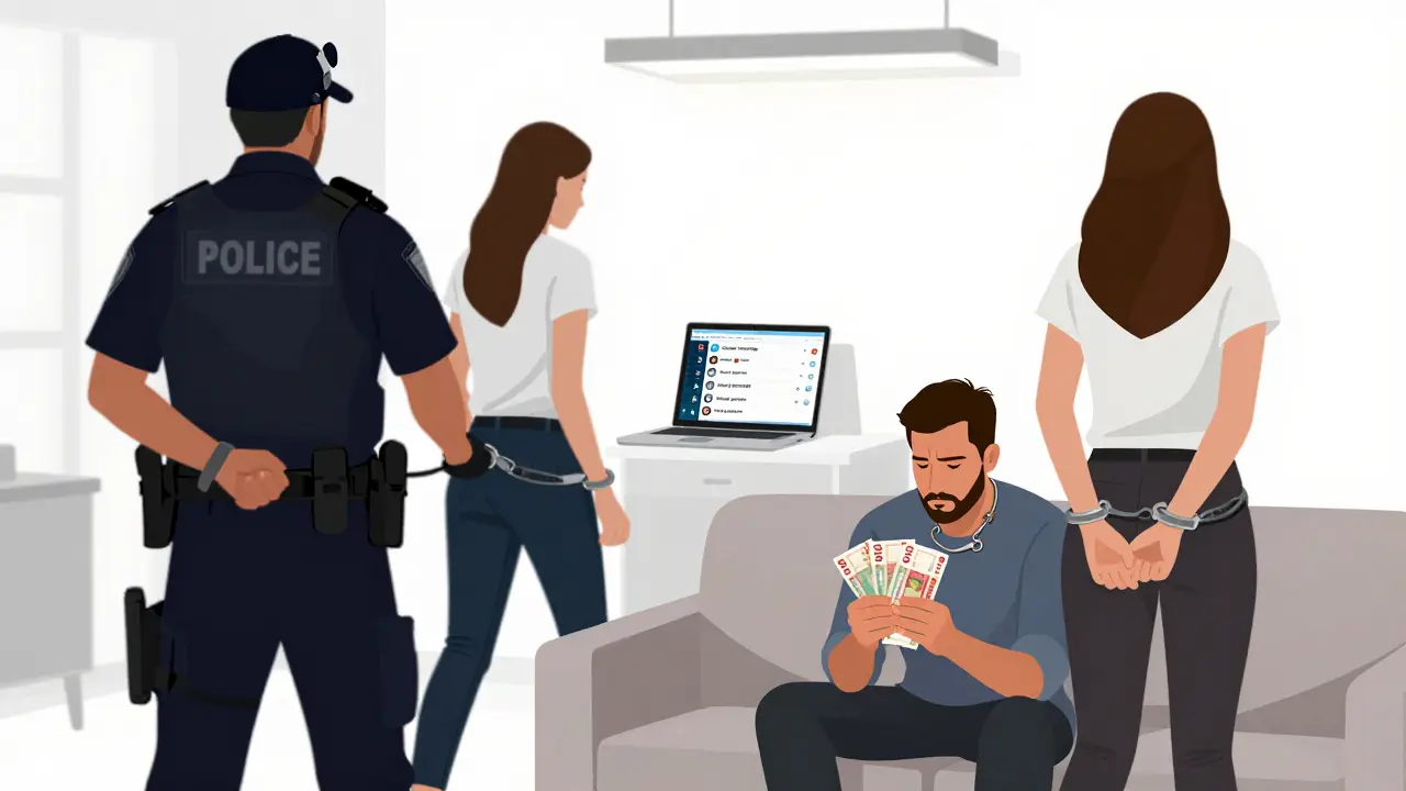 Undercover police arrest a man in an apartment after a sting operation, with coded chat messages visible on a laptop.