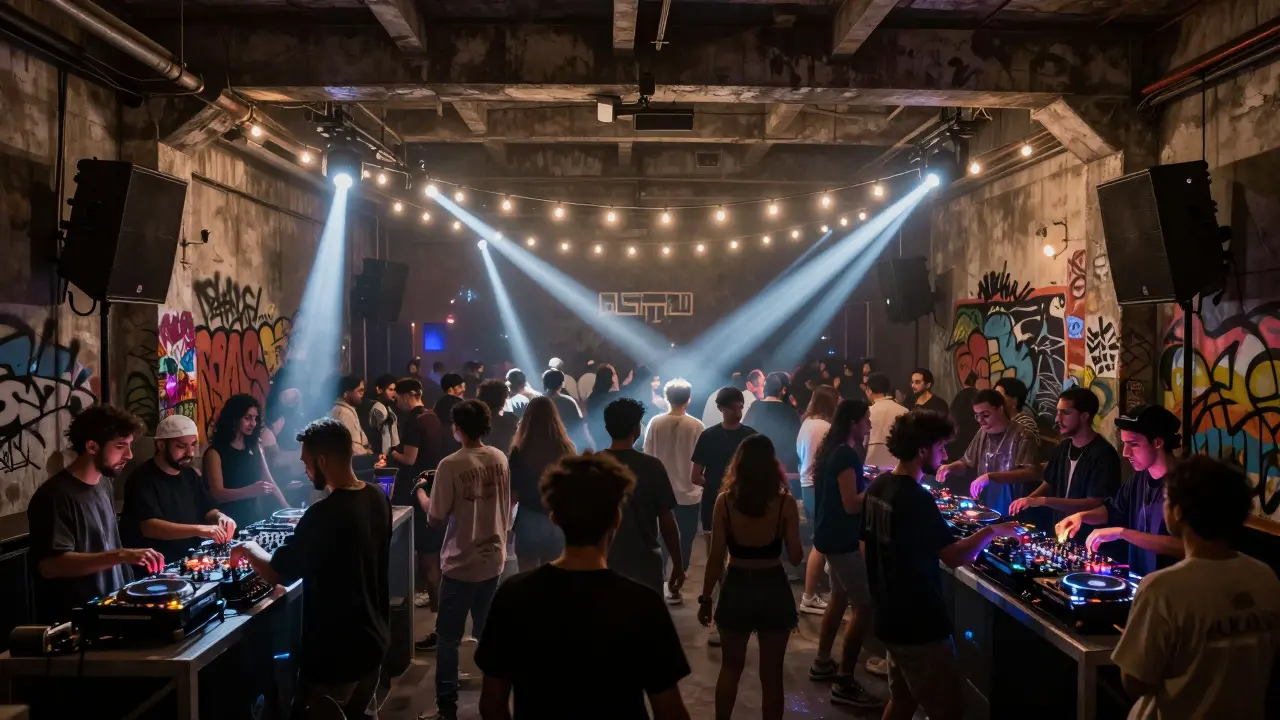 Underground club in Alserkal Avenue with diverse crowd dancing to Arabic trap music in an industrial space.