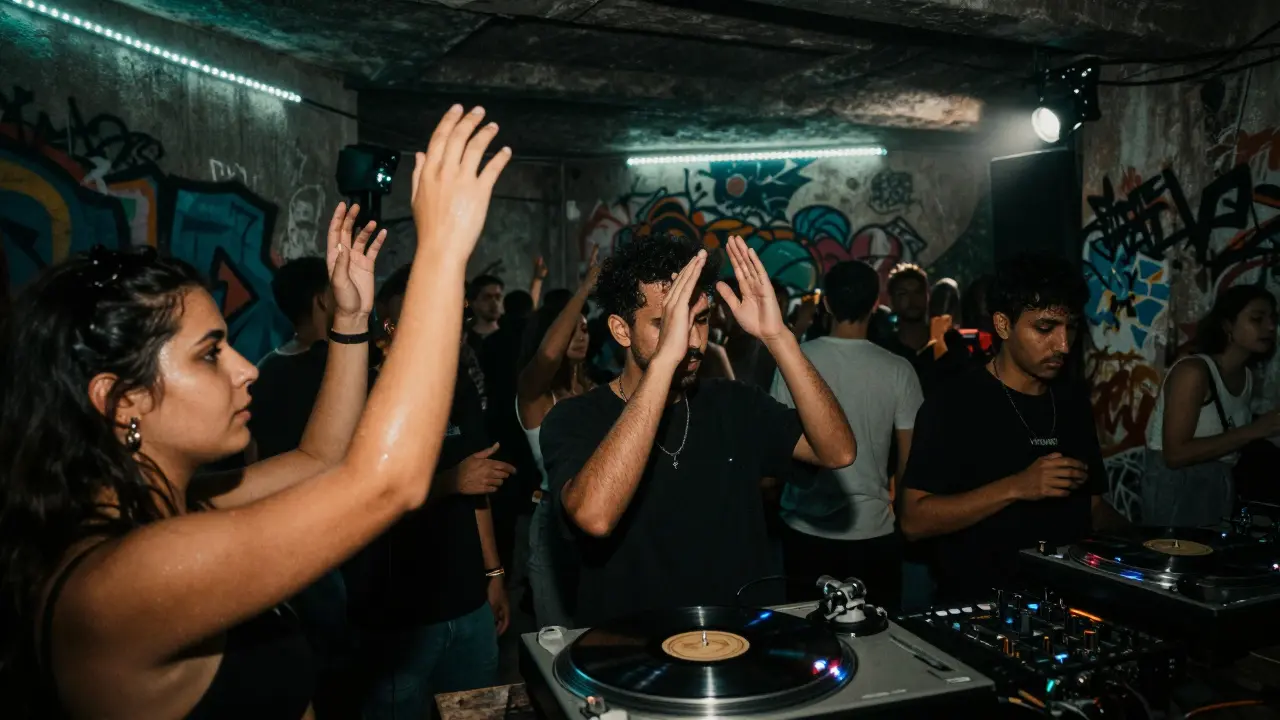 Underground techno party in a warehouse with strobe lights and a diverse crowd lost in music.