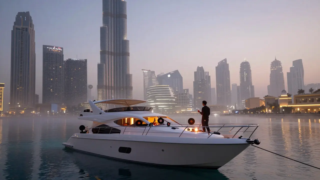 Yacht at dawn on Dubai Marina, mist rising, single figure at stern holding tea as city lights fade behind them.