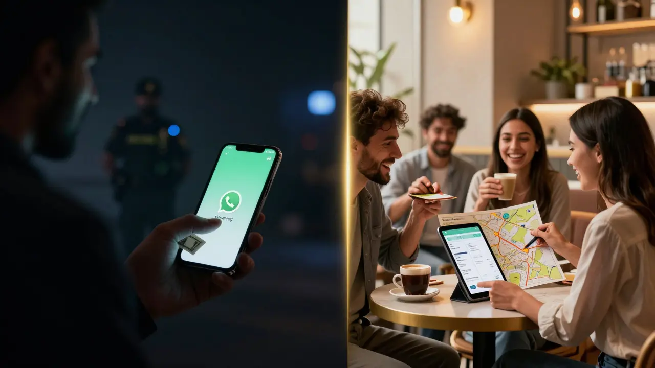 A conceptual split image showing illegal activity on one side and legal companionship on the other.