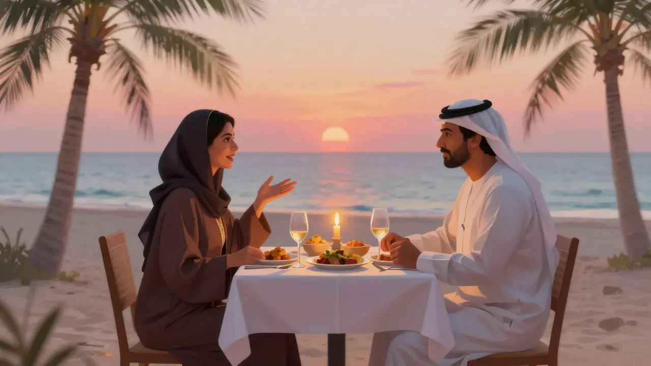 A couple enjoying a candlelit dinner on a serene Dubai beach at sunset.