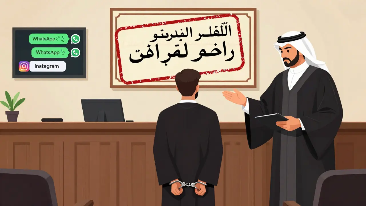 A foreign tourist in handcuffs in a UAE courtroom, with digital messages and a deportation stamp as evidence.