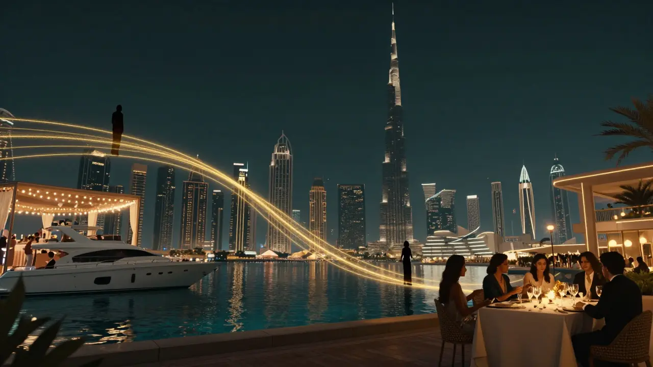 A golden thread connects key Dubai nightlife venues with a model's silhouette at each location.