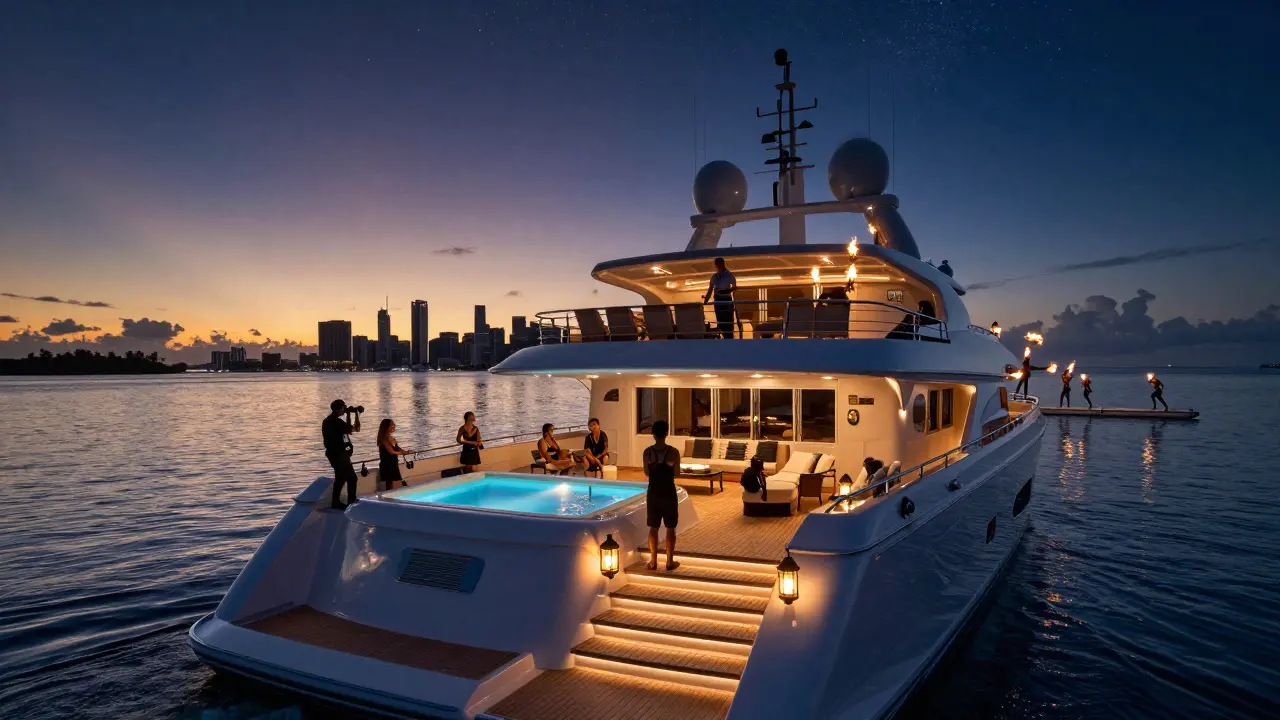 A large luxury yacht with fire dancers and guests posing for photos under stars and city lights.