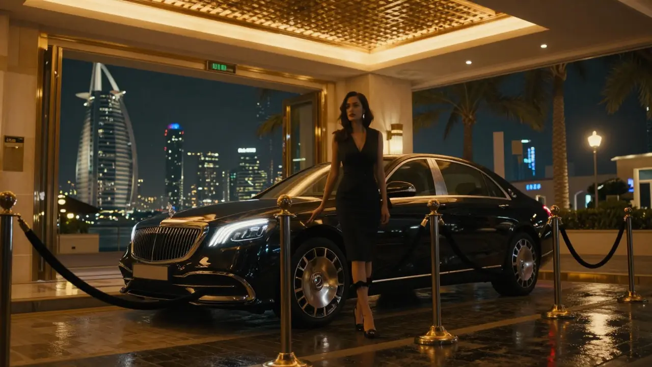 A luxury car arrives at a private club in Dubai as a model steps out under golden night lights.