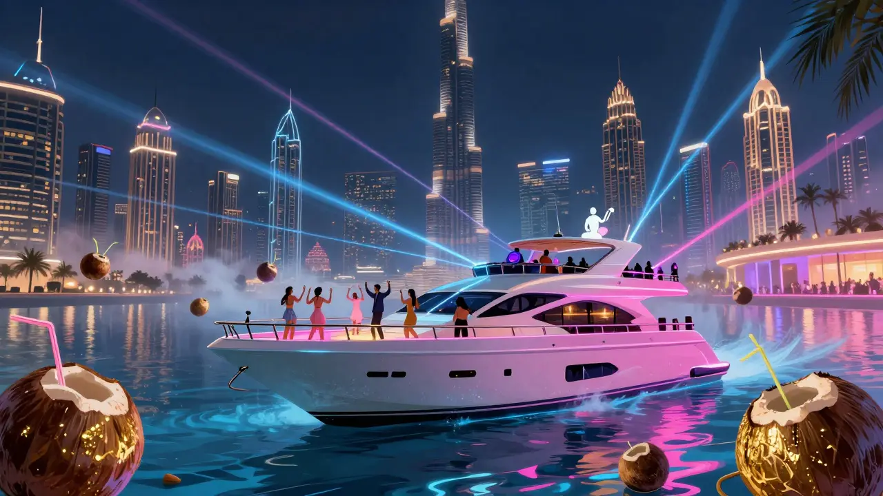 A luxury yacht transforms into a vibrant nighttime party with lasers, dancing guests, and Dubai's skyline lit up around it.