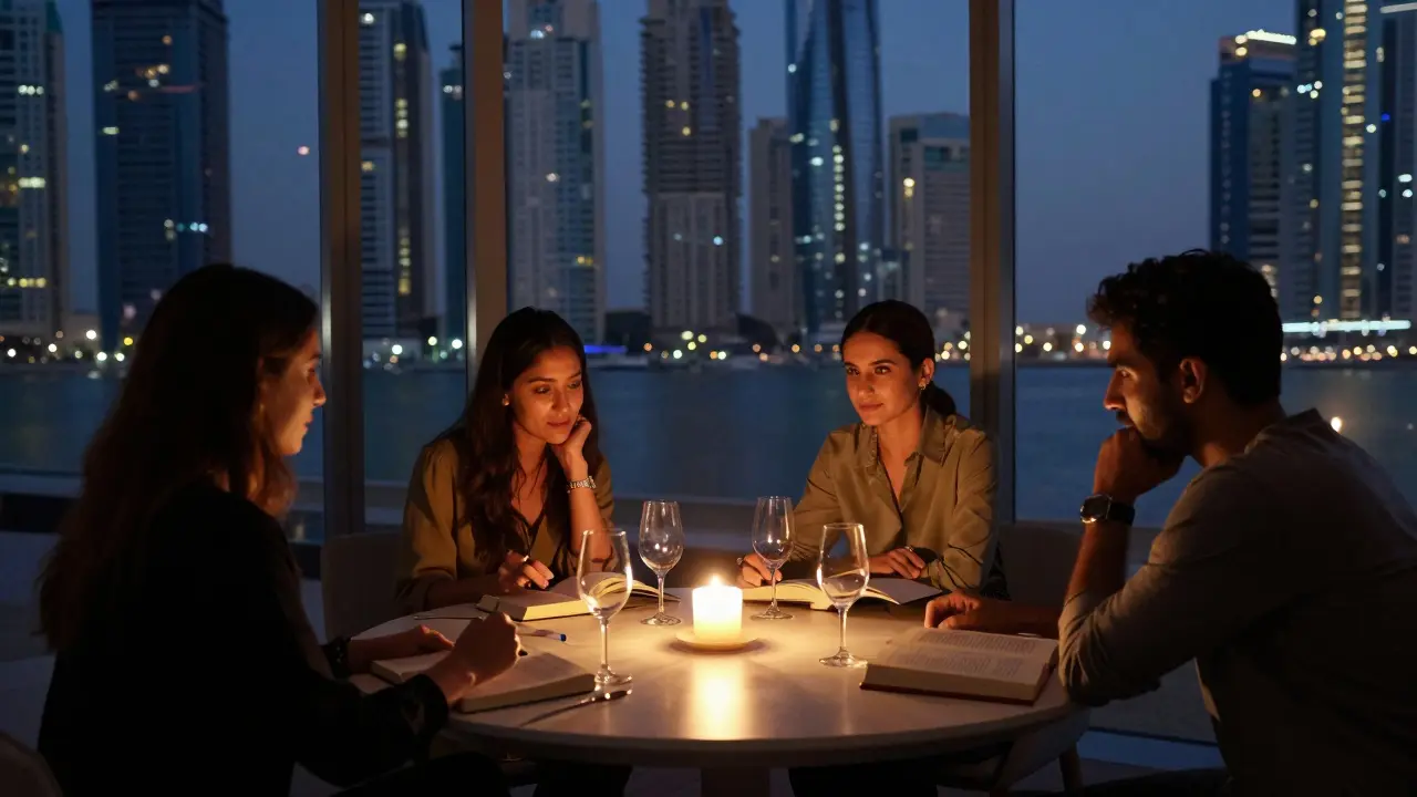 A private book club meets at dusk in Dubai Marina, candles glow on a table with wine and open books.