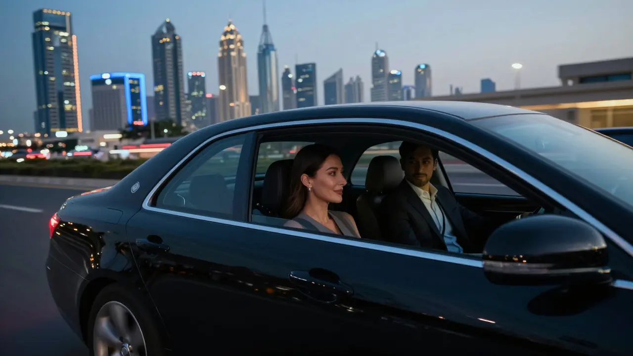 A private car driving along Dubai's skyline at dusk, two passengers silhouetted in the back with reflections on the windows.