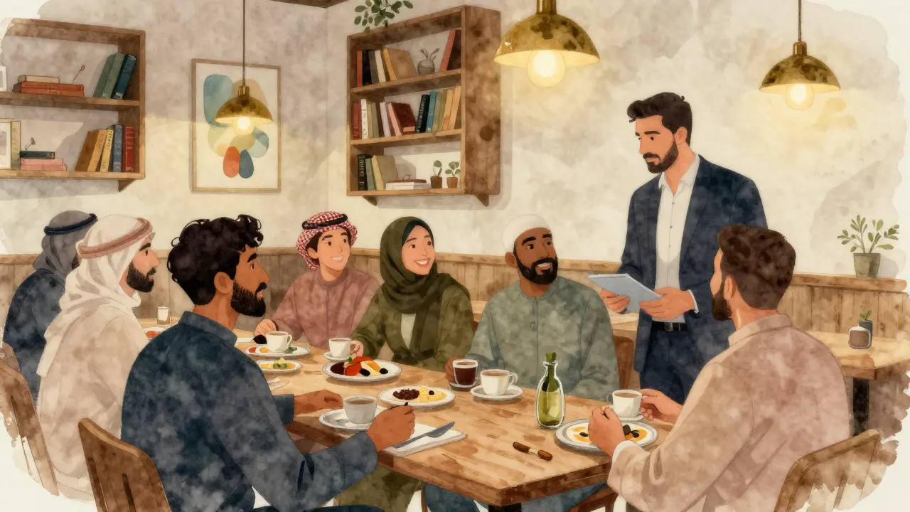 A professional companion listens attentively to a client in a warm, book-filled café in Alserkal Avenue.