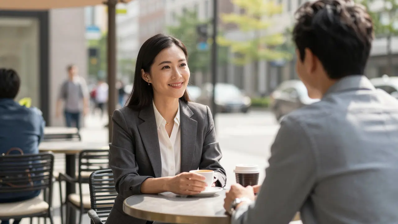 A professional woman and client having a thoughtful coffee meeting at a Dubai rooftop café.