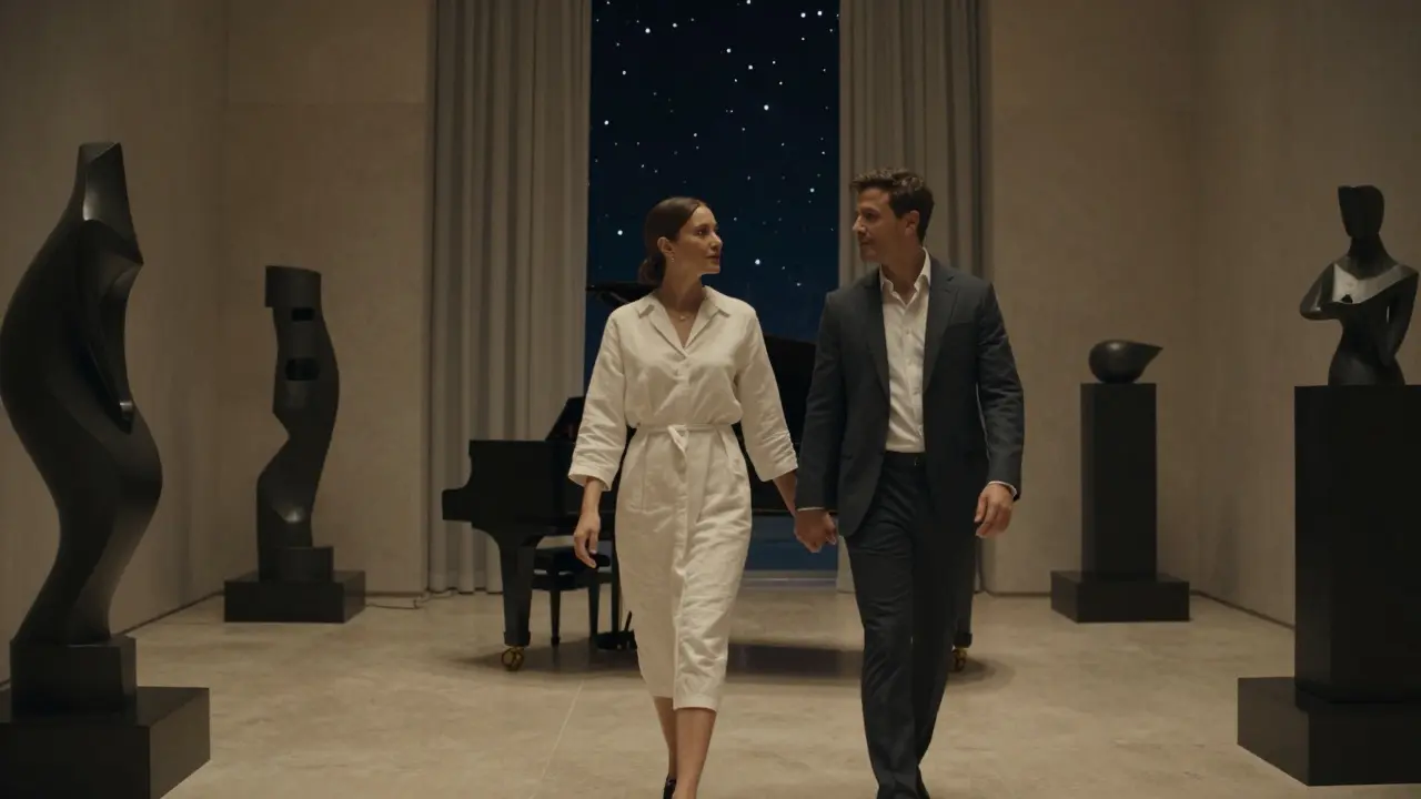 A sophisticated couple walks quietly through the Dubai Opera, bathed in soft ambient light.