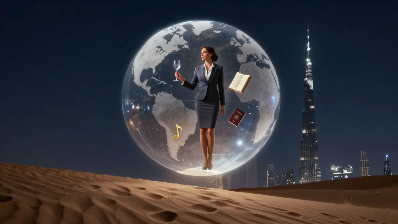 A surreal glass globe hovers over desert dunes, containing symbols of culture and refinement.