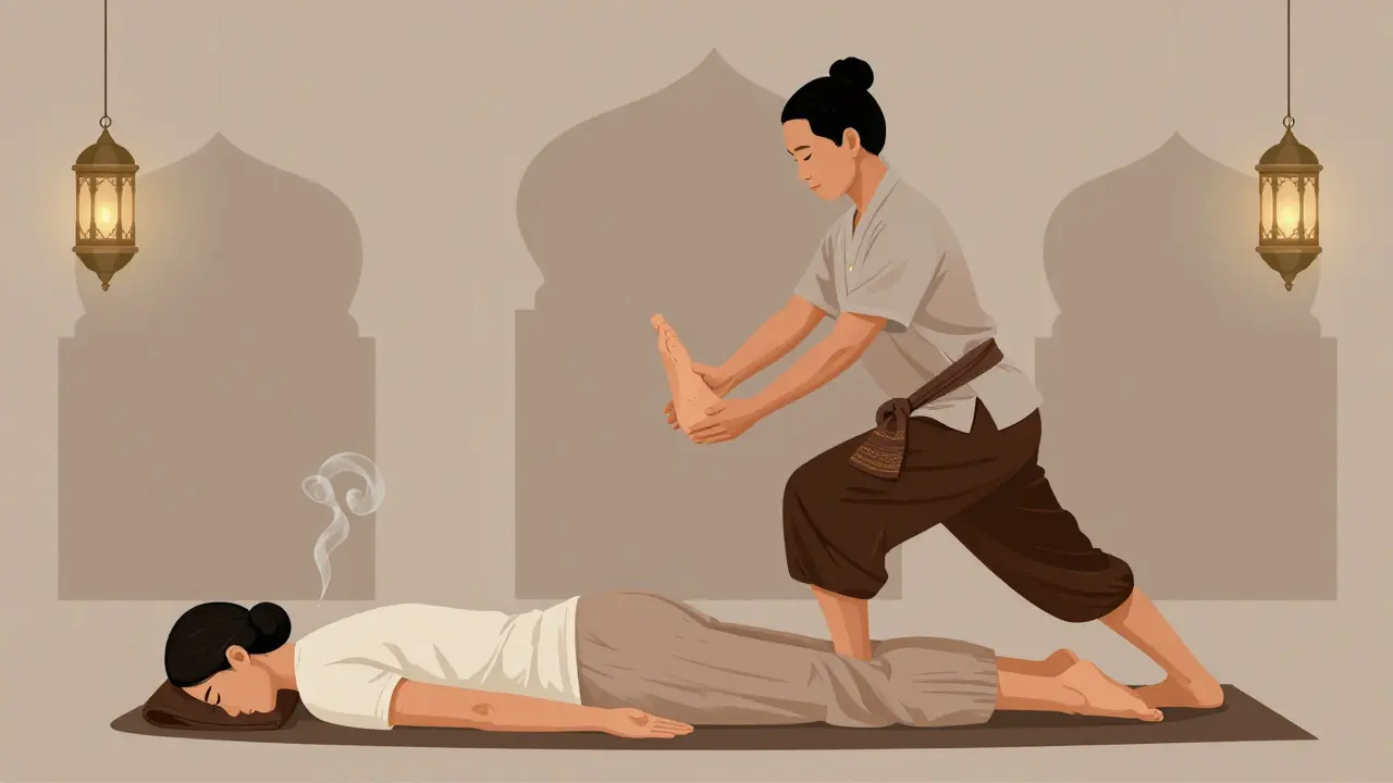 A Thai massage therapist gently stretching a client in traditional clothing, surrounded by incense and Arabic arches.