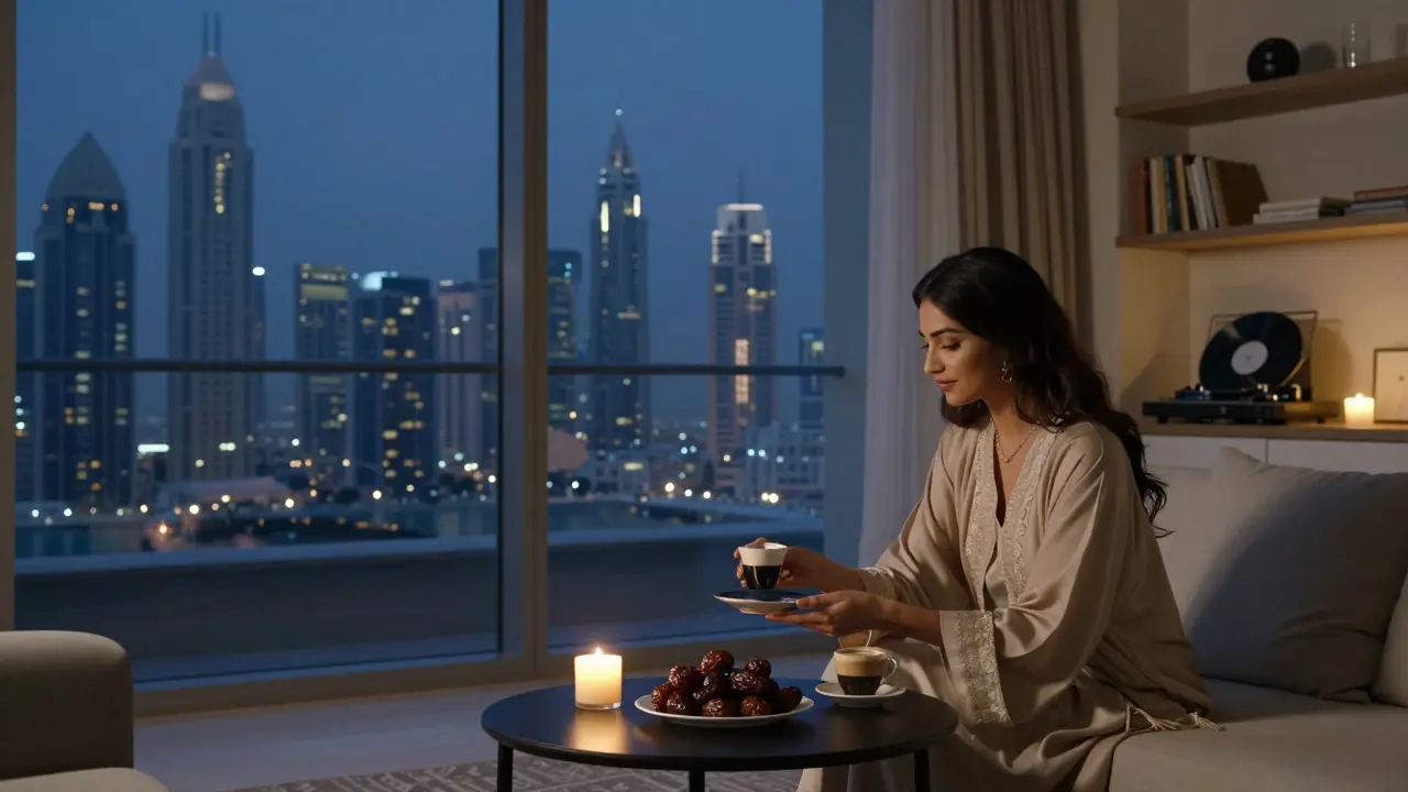 A woman serving Arabic coffee in a luxury Dubai apartment at night, city lights visible through floor-to-ceiling windows.